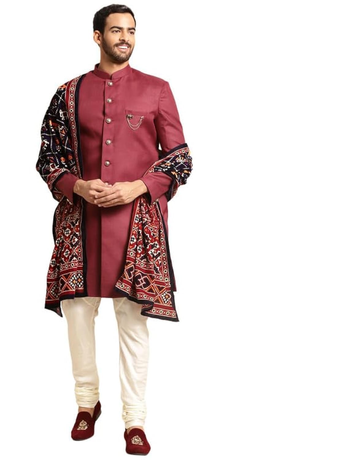 Photo 1 of KISAH Men's Maroon Indowestern Sherwani & Off-White Pajama with Multi-Color Dupatta Set – Indian Ethnic Wear for Weddings & Festive Ocassions