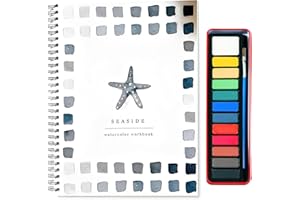 ANYANGJIA Watercolor Workbook, Beginner Friendly Water color Workbooks Set 12 Colors Watercolor Paint Set with Paint Brush Watercolor Workbook Painting Supplies Kit for Kid, Adults (Seaside)