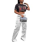 CALEBGAR Womens Cargo Pants Casual High Wasited Wide Leg Parachute Pants with Pockets