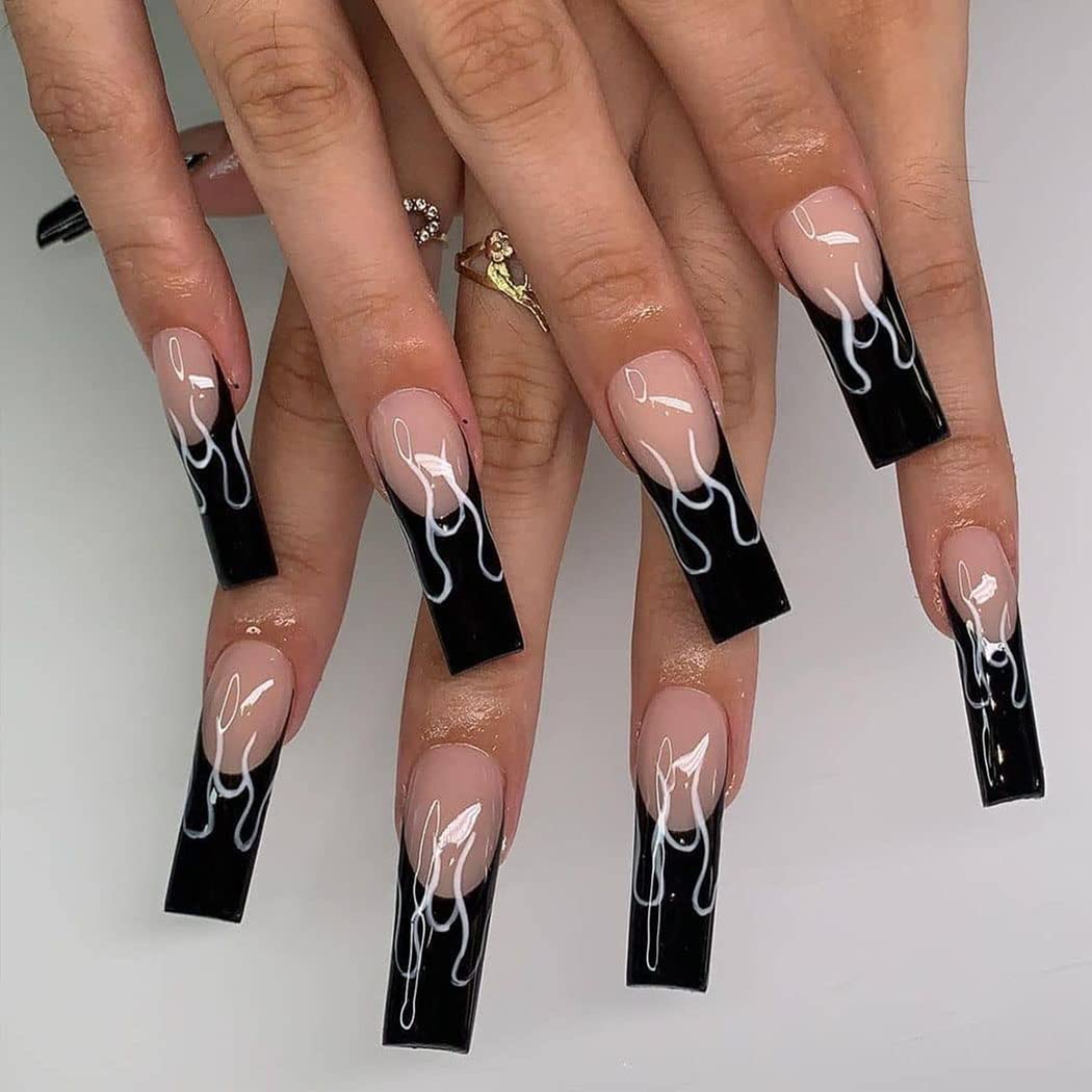 Vatocu Halloween Coffin Glossy False Nails French Black Press on Nails Long White Flame Fake Nails Pink Full Cover Ballerina Acrylic Stick on Nail for Women and Girls (24pcs)