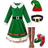 IWALUE Kids Girls Costume Elf Christmas Dress Cosplay Outfit Dress with Hat Belt Socks Shoes