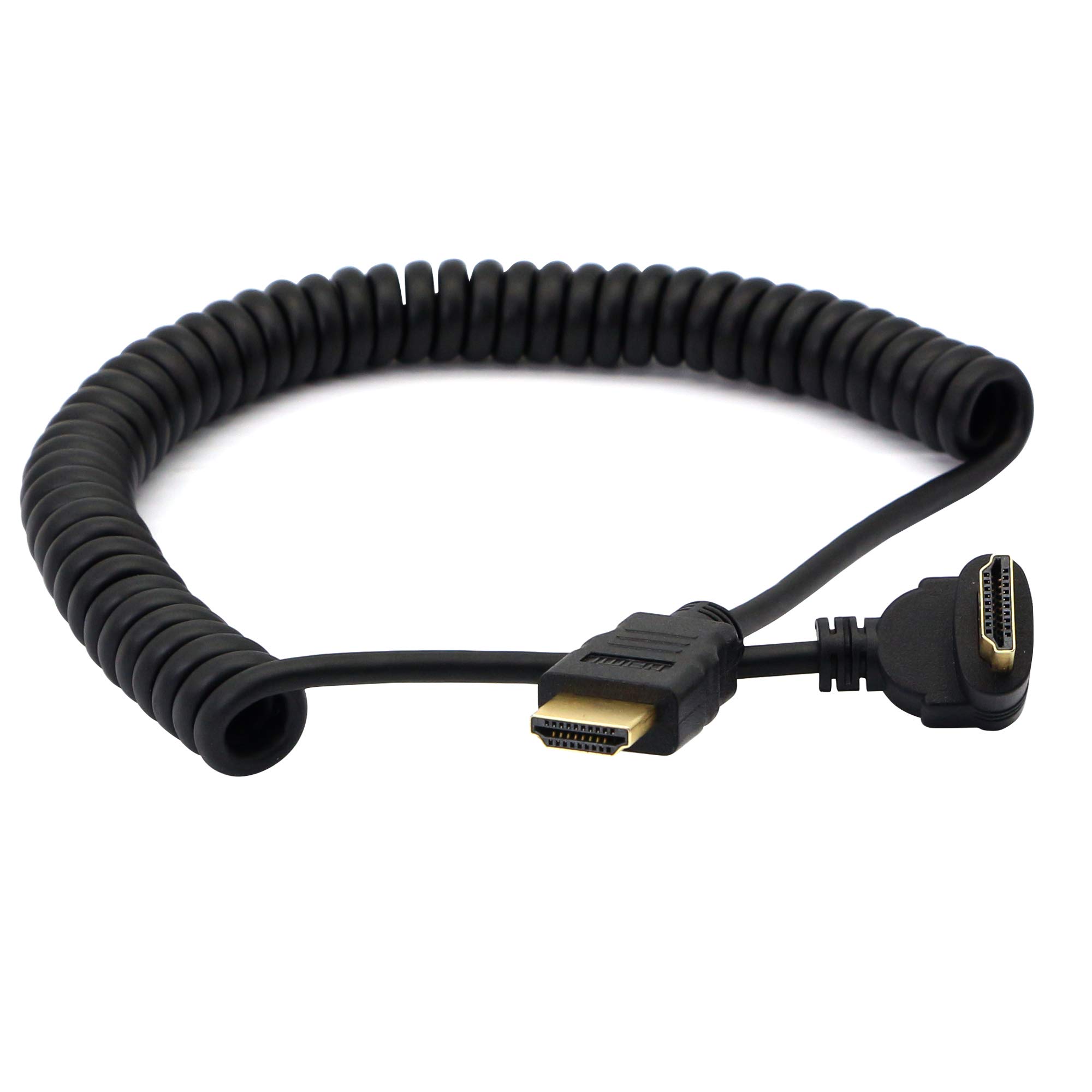 PNGKNYOCN Right Angle HDMI Coiled Cable,90 Degree HDMI Male to Male Spring Spiral Cable Support 3D 1080P for Camera, Monitor (black down)
