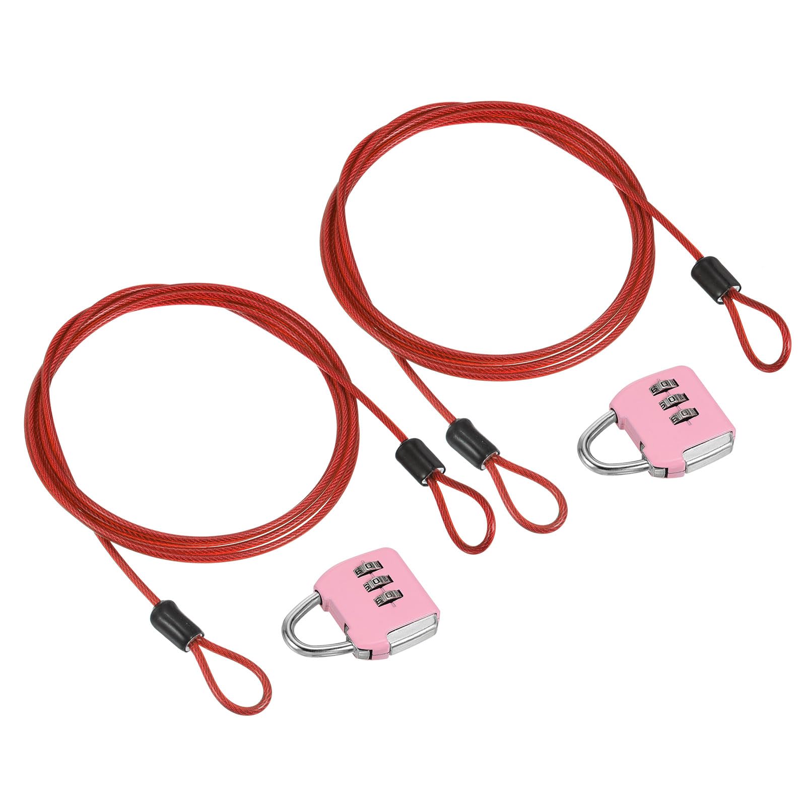 PATIKIL Security Steel Cable with 3 Digit Combination Lock, 2 Set Travel Padlock 4.9Ft Coated Safety Wire Rope Double Loop for Luggage Suitcase, Pink