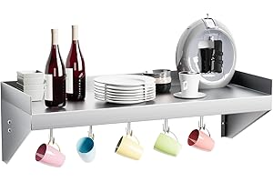 Halamine Stainless Steel Shelf, 48 * 12 in, Industrial Style, 350 lbs Capacity, Wall Mounted Commercial Metal Shelf with 5 Hooks for Kitchen, Restaurant, Laundry Room, Bar, Food Truck