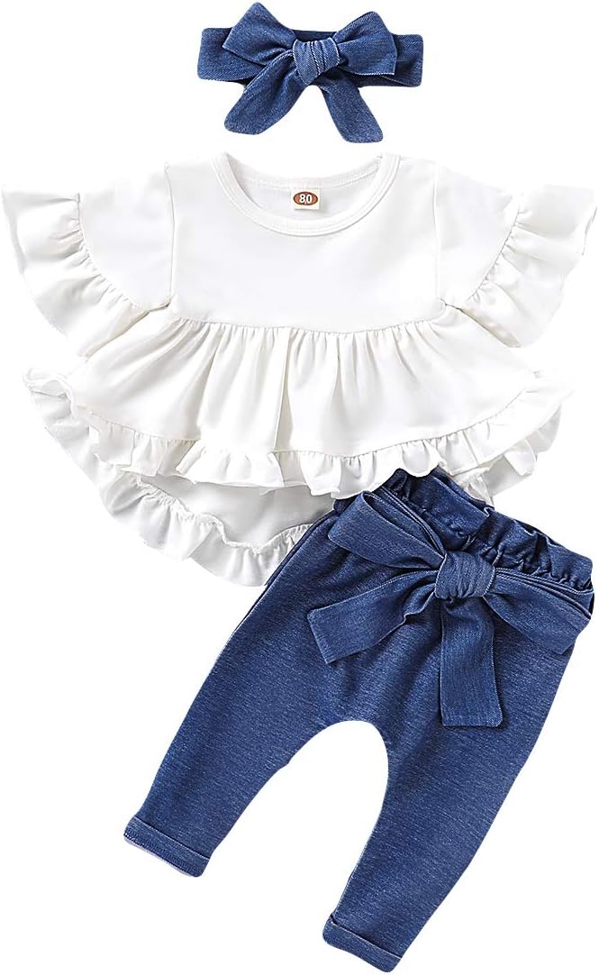 Baby Toddler Girl Clothes Infant Outfit Summer Cute Ruffle Shirt Top + Cotton Pants+ Headband 3PC Clothing Set