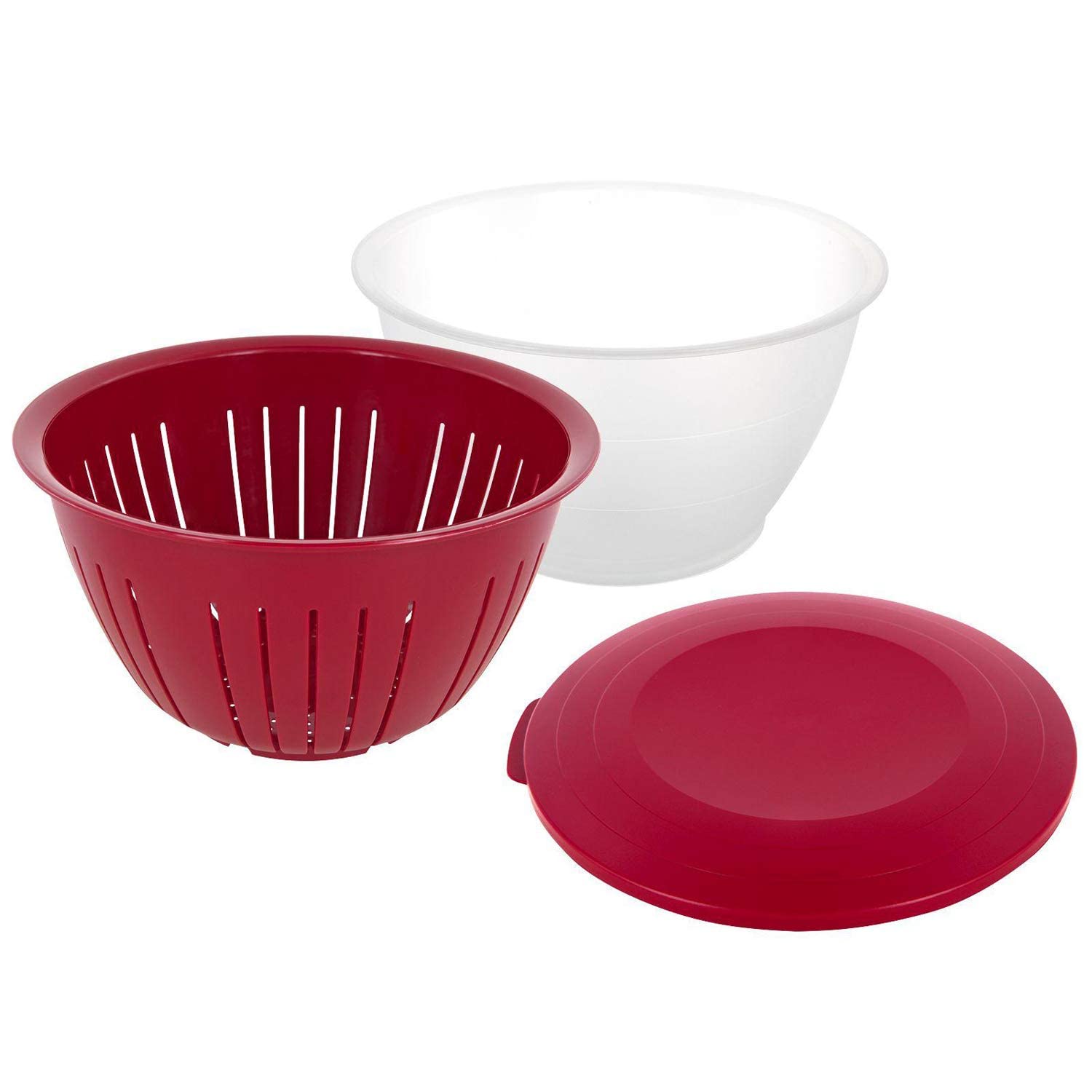 Westmark Bowl Set with Lid and Strainer, 3 pieces, Volume: 4.4 litres, Plastic, BPA-free, Olympia, Colour: Transparent/Red, 2418227R