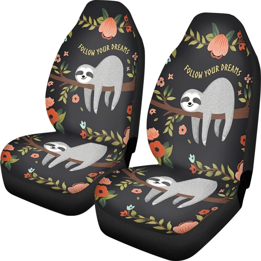 chaqlin Funny Sloth Printed Car Seat Covers Full Set of 2 Pieces,Women Men Universal Bucket Seat Covers Front Seat Saddle Mat Covers,Cute Sloth Auto Interior Accessories