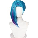 XiongXiongLe Blue Short Cosplay Wig Women Costume Mixed Purple Highlights Straight Hairs Wigs for Adult Cos Party Halloween Christmas Comic