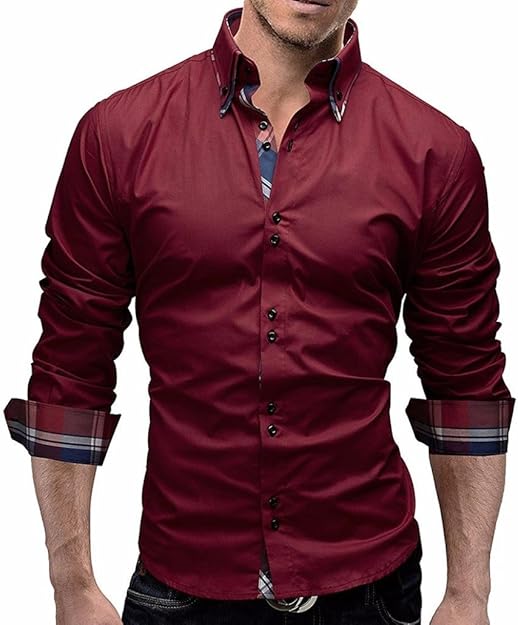 Camisa de manga larga para hombre, ajustada, estilo informal, Rojo, XX