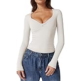 QINSEN Womens Long Sleeve Twist Front V Neck T Shirts Double Lined Slim Fit Trendy Top Tee