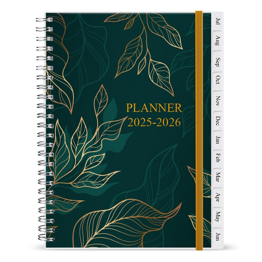 2025-2026 Diary, July 2025 - June 2026, A5 Weekly Planner with 12 Monthly Tabs, Back Pocket, Planner 2025-2026 with Elastic Closure, Flexible Cover, 14.8×21cm, Green