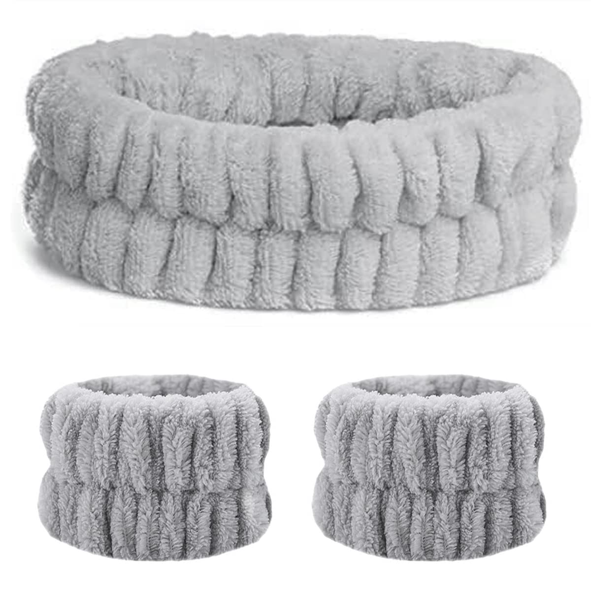 3 Pcs Grey Spa Headband Wrist Washband Set Soft Makeup Headbands Elastic Skincare Headband Yoga Sports Shower Facial Fluffy wrist washband Makeup Hair Band for Girls Women