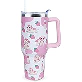 Xchearser 40 oz Cute Strawberry Cow Tumbler with Handle and Straw, Stainless Steel Insulated Cup with Lid and Straw, Travel Mug Water Bottle, Gifts for Women