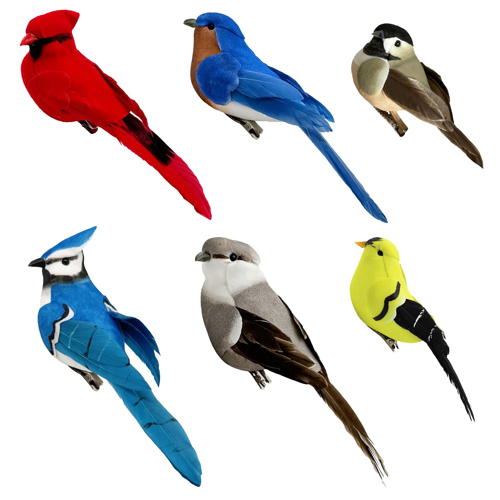 Photo 1 of 6pcs Artificial Realistic Birds Feathered Song Bird Clip on Christmas Tree Ornaments Figures for Garden Party Decoration Wreath Crafts, Assorted Colors