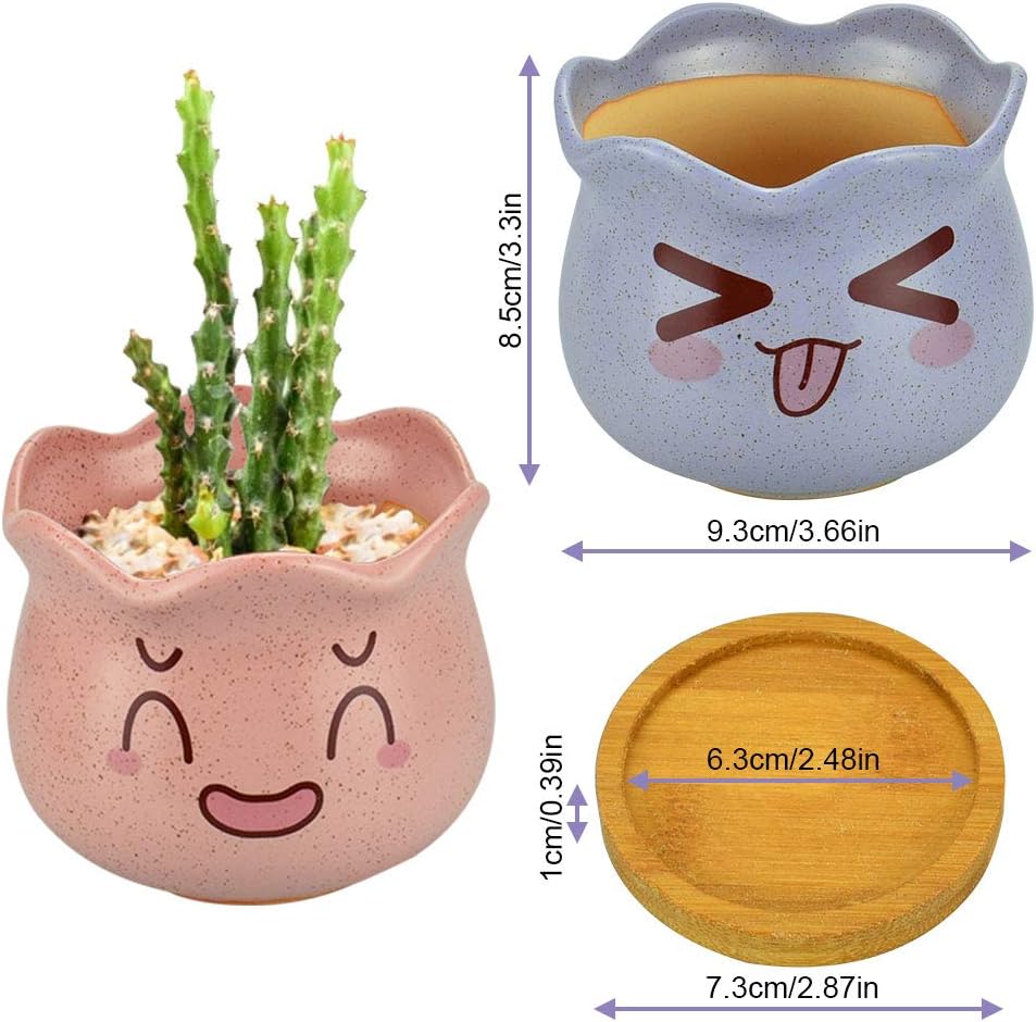 EMAGEREN 4 Pcs Ceramic Succulent Planter Pot Mini Cactus Plant Pot Flower Pot Container Small Succulent Plant Pot Emoticons Pattern Bonsai Planters with Bamboo Tray for Home Office Table Desk Decor - Image 3
