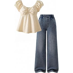 Afsmlys Tween Girl Clothes 2 Pieces Outfit Set Blouses Top + Jeans Denim Summer Fall Outfit Set, Size 8-16 Years