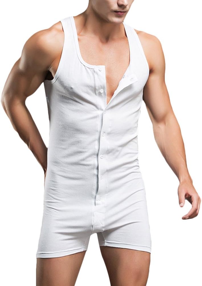 Verypoppa Men's Shorts Romper Sleeveless Button Front Gym Workout Nightwear Undershirt Jumpsuit