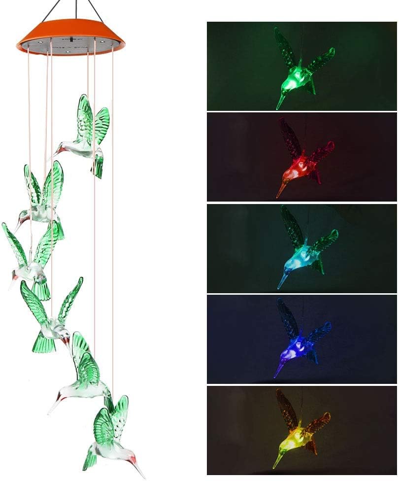 Vegena LED Solar Wind Chimes,Color-Changing LED Solar Mobile Wind Chime Waterproof 6 Hummingbird Wind Chimes Bell Outdoor Hanging lamp for Home Party Garden Decorations