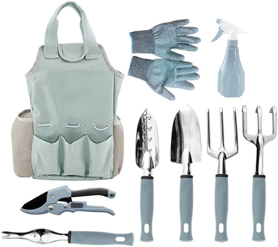 Herramientas de jardinería 9-pieza kit de jardinería al aire libre con los guantes de jardinería y de cortar el pesado del bolso de mano y herramientas de mano para hombres y mujeres ,Azul