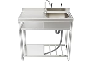 MODCART Stainless Steel Utility Sink, Free Standing Single Bowl Kitchen Sink with Cold and Hot Water Pipe for Laundry Room Farmhouse Indoor and Outdoor Sink (39 inch Right bowl)