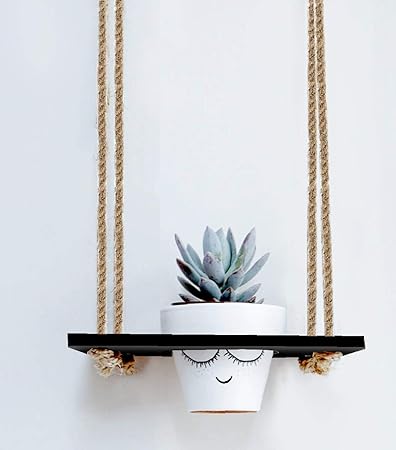 VAH Hanging Planter Shelf Plant Hanger Decorative Flower Pot Rack with Rope Wall Decor and Hanging ( 1 Pot Black Planter)
