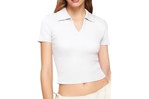 Bliwov Womens Summer V Neck Collared Work Tops Dressy Casual Short Sleeve Crop Polo Ribbed Shirts for Woman 2025 Trendy