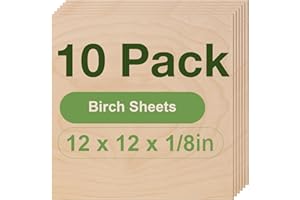 Wowood 10 Pack Birch Plywood Sheets, 12 x 12 x 1/8 Inch, 3mm Plywood for Laser Cutting, Thin Unfinished Wood Sheets for Architectural Models, Wood Burning and DIY Crafts