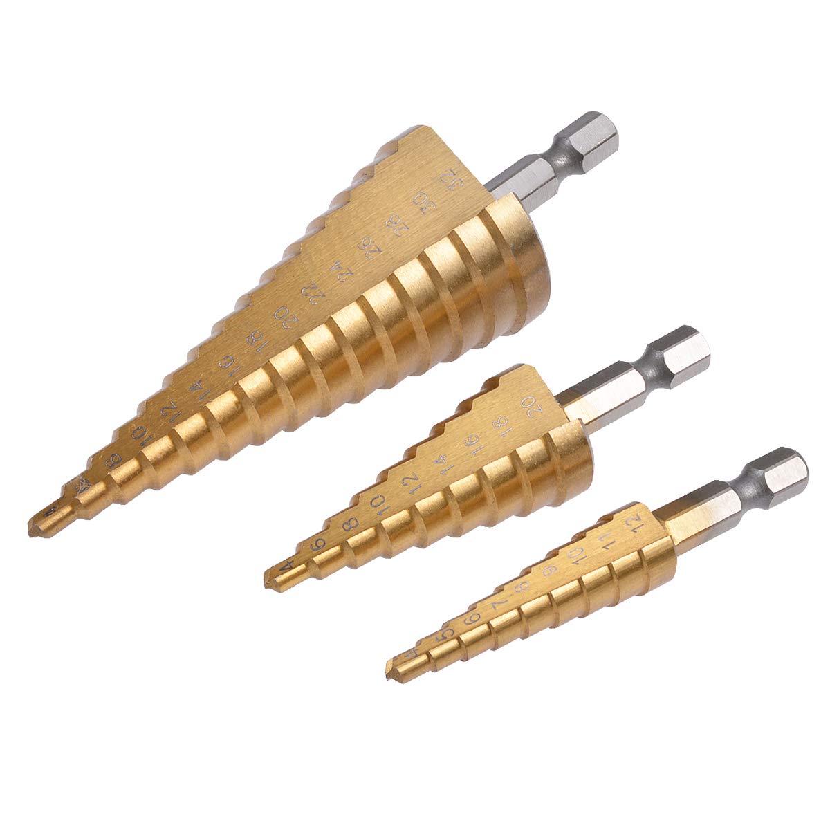 KATUR 3Pcs Classic Titanium Step Drill Bit, Step Cone Drill Bit, Hex Shank Hole Cutter Tool Set, Double Straight Groove Cutting Blades, Fluted Edge Step Drill 4-12mm,4-20mm,4-32mm Tatal 23 Sizes