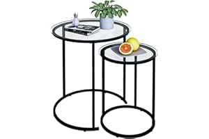 Azheruol Nesting Coffee Table Set of 2,Modern Black Tempered Glass Side Table, Metal Frame Round End Table.Small Glass Tea Table for Living Room,Bedroom Studio Apartment Essentials， 23.2In