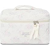 GISMTR Makeup Bag, Floral Quilted Cosmetic Bag, Large Travel Aesthetic Make up Bag, Cute Coquette Toiletry Bag for Women Girls