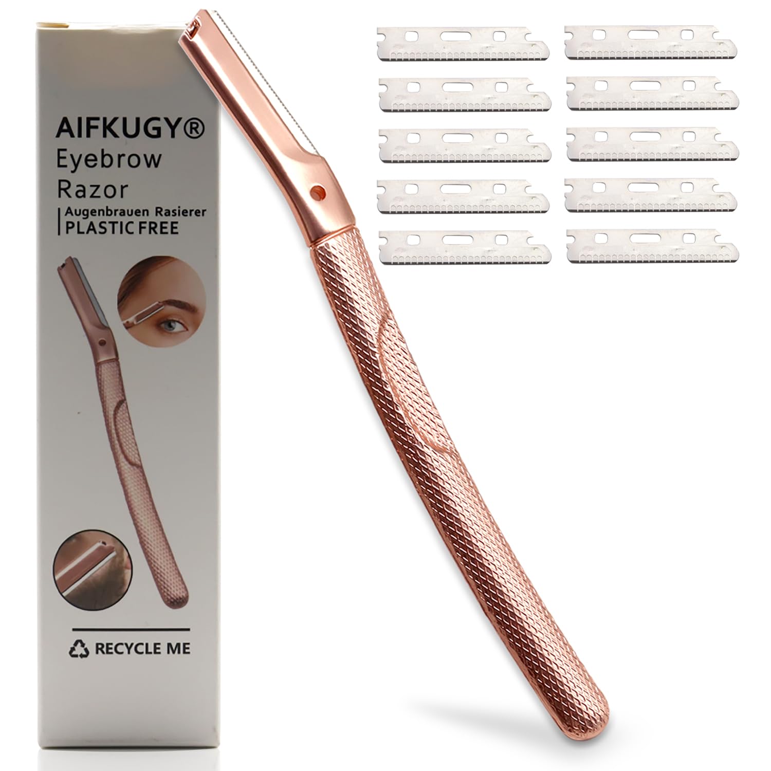 Eyebrow Razor, AIFKUGY Manual Face Razor, Reusable Razors with 10pcs Replacement Blades, Portable Facical Shavers for Women-Rose Gold