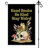 JQYCJTR Read Books Be Kind Stay Weird Garden Flag Double Sided Yard Outdoor Decoration 12x18 Inch, Bookish Frog Outdoor Garden Flag, Kind Reading Room Decor Banner, Librarian Book Lovers Gifts