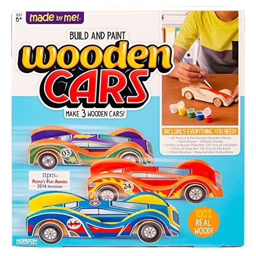 Made By Me Build & Paint Your Own Wooden Cars by Horizon Group Usa, DIY Wood Craft Kit, Easy To Assemble & Paint 3 Race Cars, Multicolored