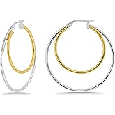 Hoops&Loops 925 Sterling Silver Diamond-cut 38mm Round Double Circle Hoop Earrings for Women, Silver, Rose & Yellow Gold, Two-Tone Flashed Sterling Silver