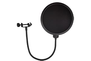 Microphone Pop Filter Mask Shield, Dual Layered Wind Pop Screen with 360° Goose Neck Clip Stabilizing Arm for Broadcasting, R