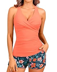 Women Orange Floral Tankini Swimsuits with Shorts