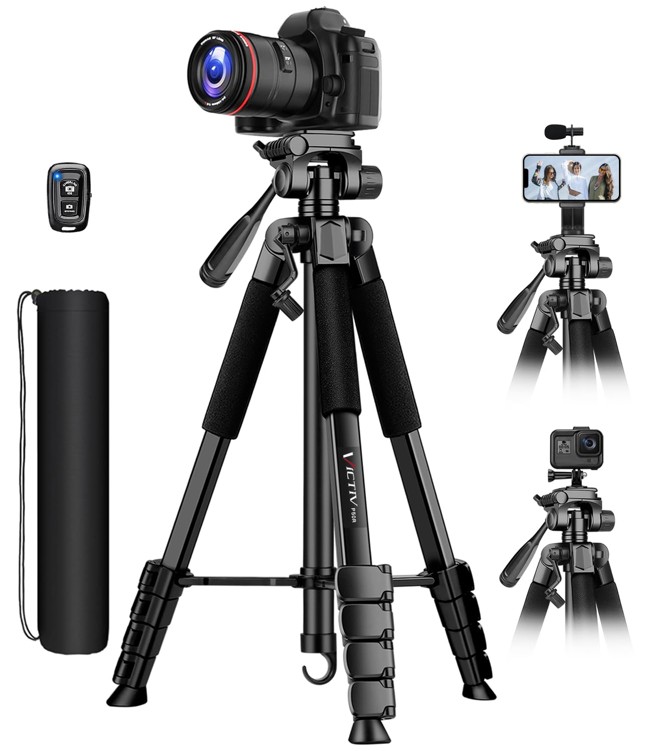 Victiv 67.7" Camera Tripod, Camera Stand Lightweight Tripod for Smartphone with Detachable Head, Portable Travel DSLR Tripod for Canon/Nikon/Sony/Fuji