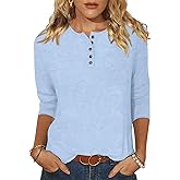 EADINVE Womens Crew Neck 3/4 Sleeve Tops Basic Button T-Shirts Solid Loose Cute Tunic Tee Blouses Fit Pullover