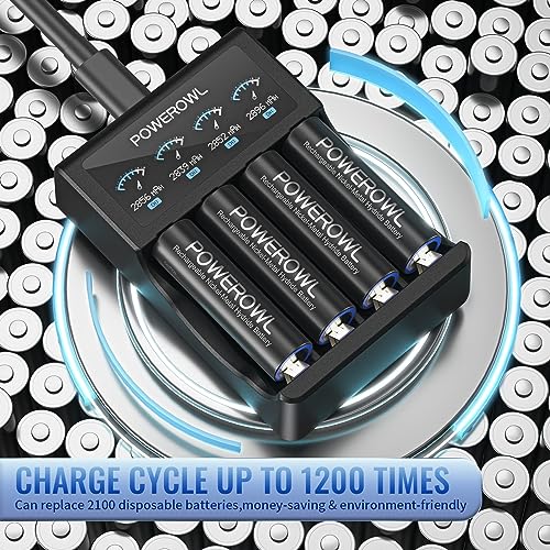 POWEROWL AA Rechargeable Batteries, High Capacity 2800 mAh 1.2 V NI-MH AA Rechargeable Battery Low Self-Discharge for Domestic Equipment (Recharge 8 Pieces, 1200 Cycle)