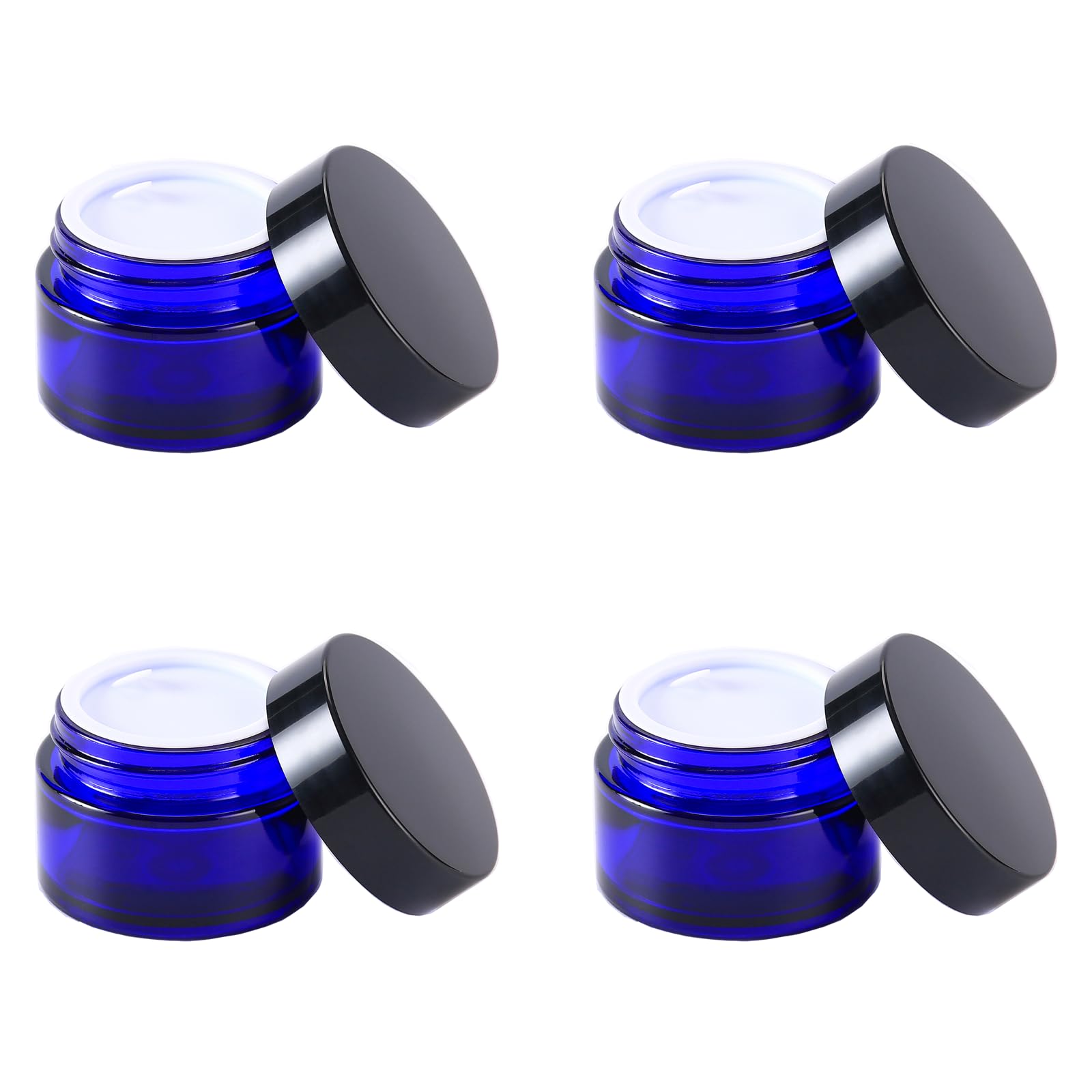 Photo 1 of Over News 4PCS 1 oz Small Glass Jar, Empty Cosmetic Lotion Containers,with Inner Liners,Black Lid, Spatula (Blue)