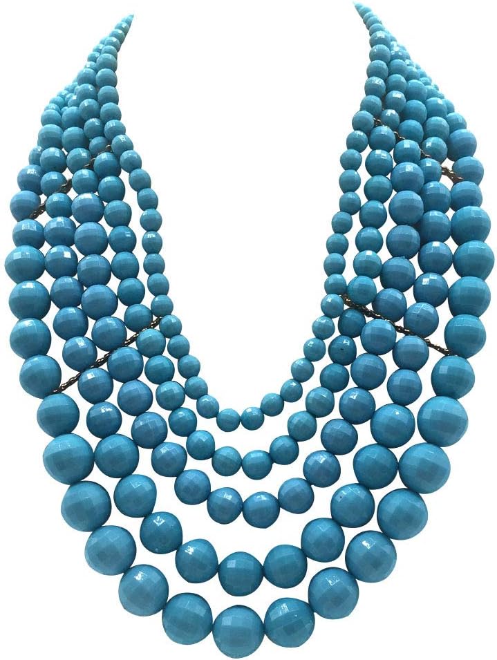 5 Layered Beaded Statement Chunky Necklaces For Women - Multi Strand Colorful Bead Layered Bib Necklace For Women Fashion Jewelry Costume Earring Set