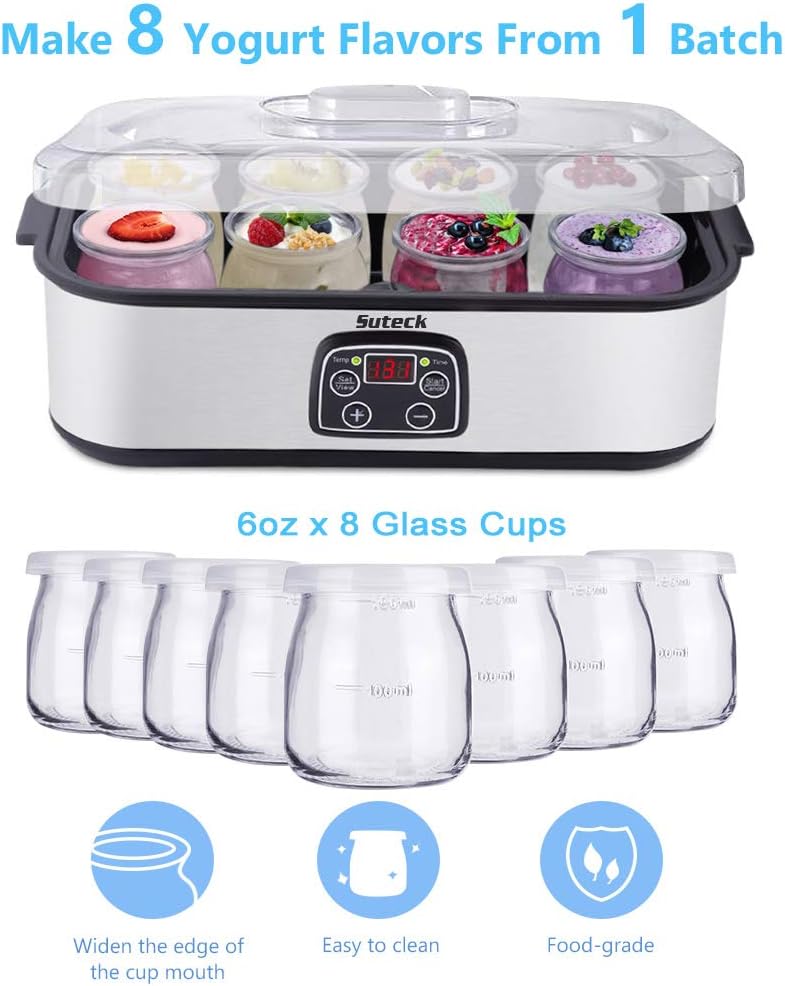 Yogurt Maker Automatic Digital Yoghurt Maker Machine with 8 Glass Greek Jars 48 Ozs (6Oz Each Jar) LCD Display with Constant Temperature Control Stainless Steel Design for Home Use: Kitchen & Dining