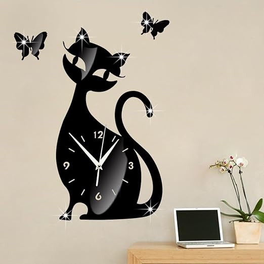 Joe Eif Wanduhr Diy Spiegel Wand Uhr Ideen Schlafzimmer Kinderzimmer Wand Leise Uhr Comic Katze Schwarz Wand Sticker Uhr Grun Stereo Mute Camera Dekoration Schwarz Amazon De Kuche Haushalt