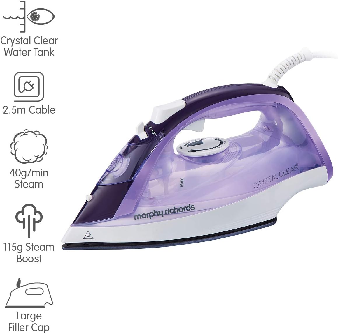 Morphy Richards Crystal Clear Steam Iron, Ceramic Non-stick Soleplate, 115g Steam Boost, 40g Steam Output, Anti Drip - Image 3