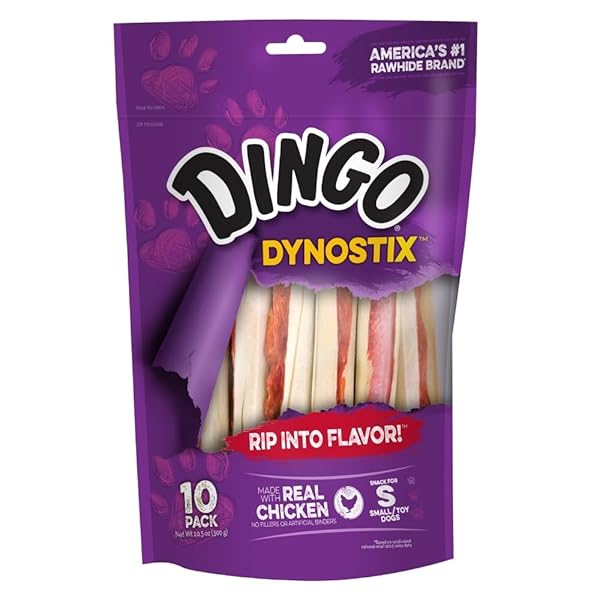 DINGO DYNOSTIX PREMIUM RAWHIDE TREATS MADE WITH REAL CHICKEN, NO FILLERS OR ARTIFICIAL BINDERS, AMERICA’S #1 RAWHIDE BRAND 10-COUNT