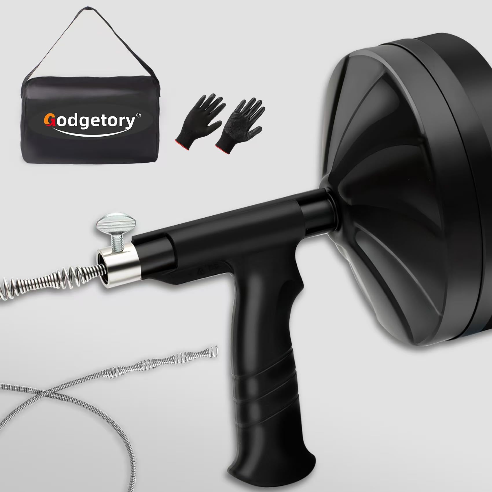 Photo 1 of *UNTESTED*
50 FT Drain Snake Auger - Flexible & Powerful Snake Drain Hair Remover Tool, for Kitchen, Shower & All Drains - Manual or Drill-Powered with Gloves, Storage Bag (Black)