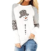Christmas Snowman Snowflake Leopard Striped T-Shirt Women Cute Graphic Long Sleeve Casual Tunics Tops