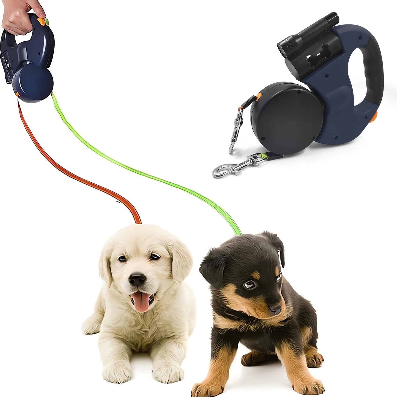 143 Retractable Double Dog Leash, Extendable with 360° Rotatable, LED Lights & Reflective Nylon Webbing