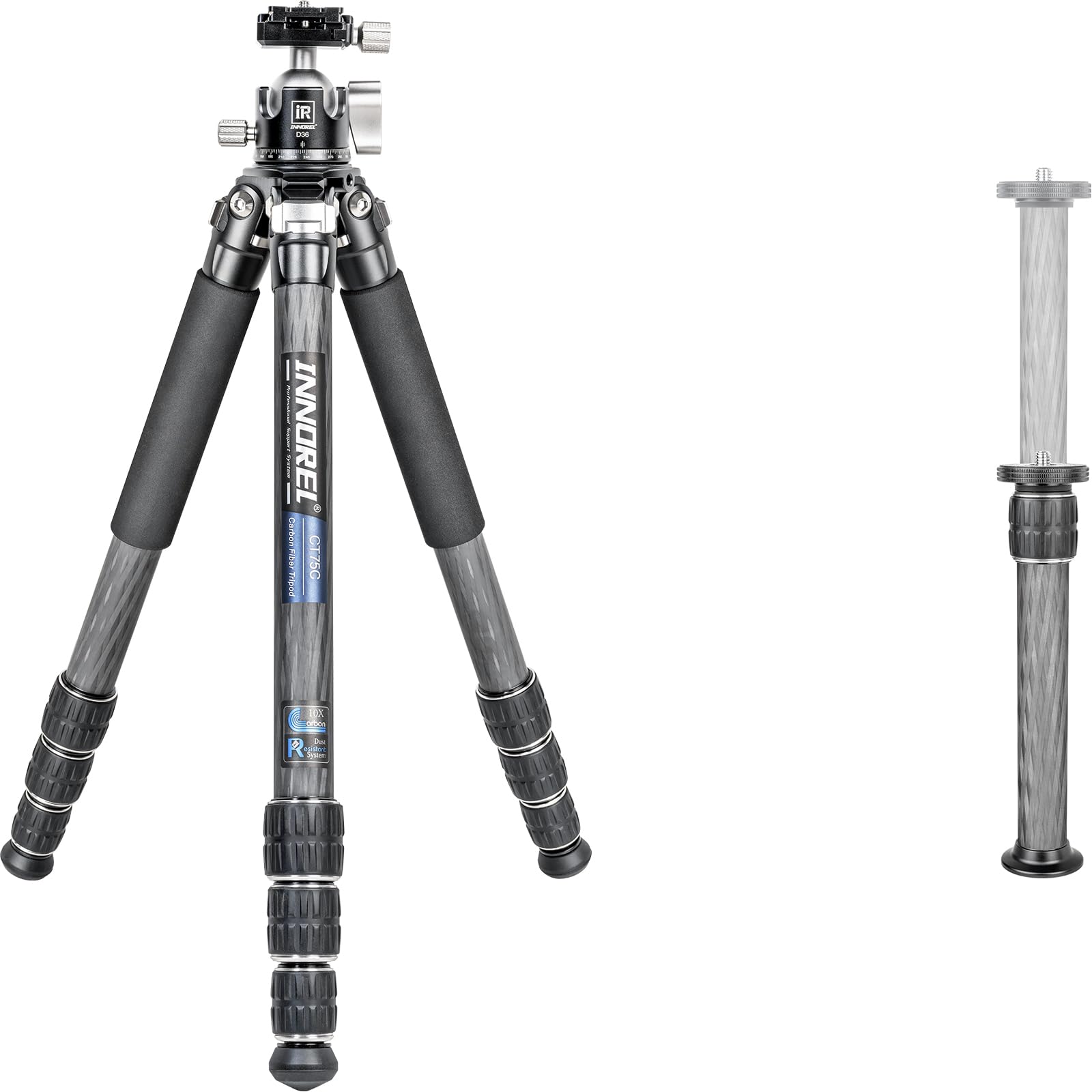 Carbon Fiber Tripod-INNOREL CT75C Professional Travel Tripod for DSLR Camera Heavy Duty Stand with 28mm/1.1in Tube Low Gravity Center 360°Panoramic ballhead Max load 18kg Short Center Column