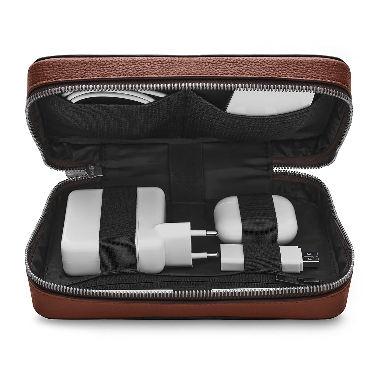 Woolnut Full-Grain Leather Tech Pouch Organizer for Accessories - Green/Travel Cable Organiser Bag and Power Bank Case for Mens Travel Gadgets with Cable Storage